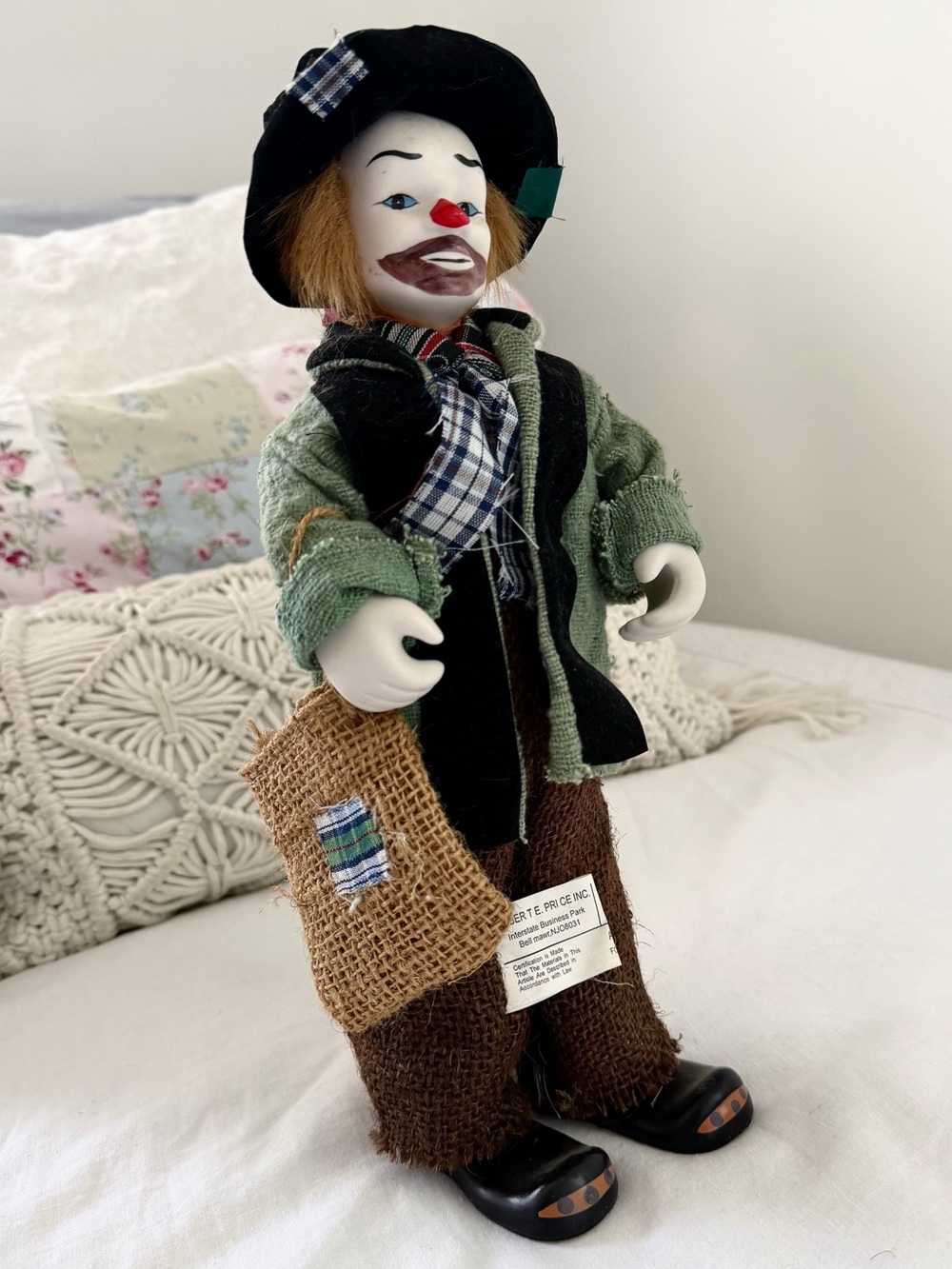 1980s Albert E. Price Vintage Hobo Clown in Green Jacket with Burlap Bag
